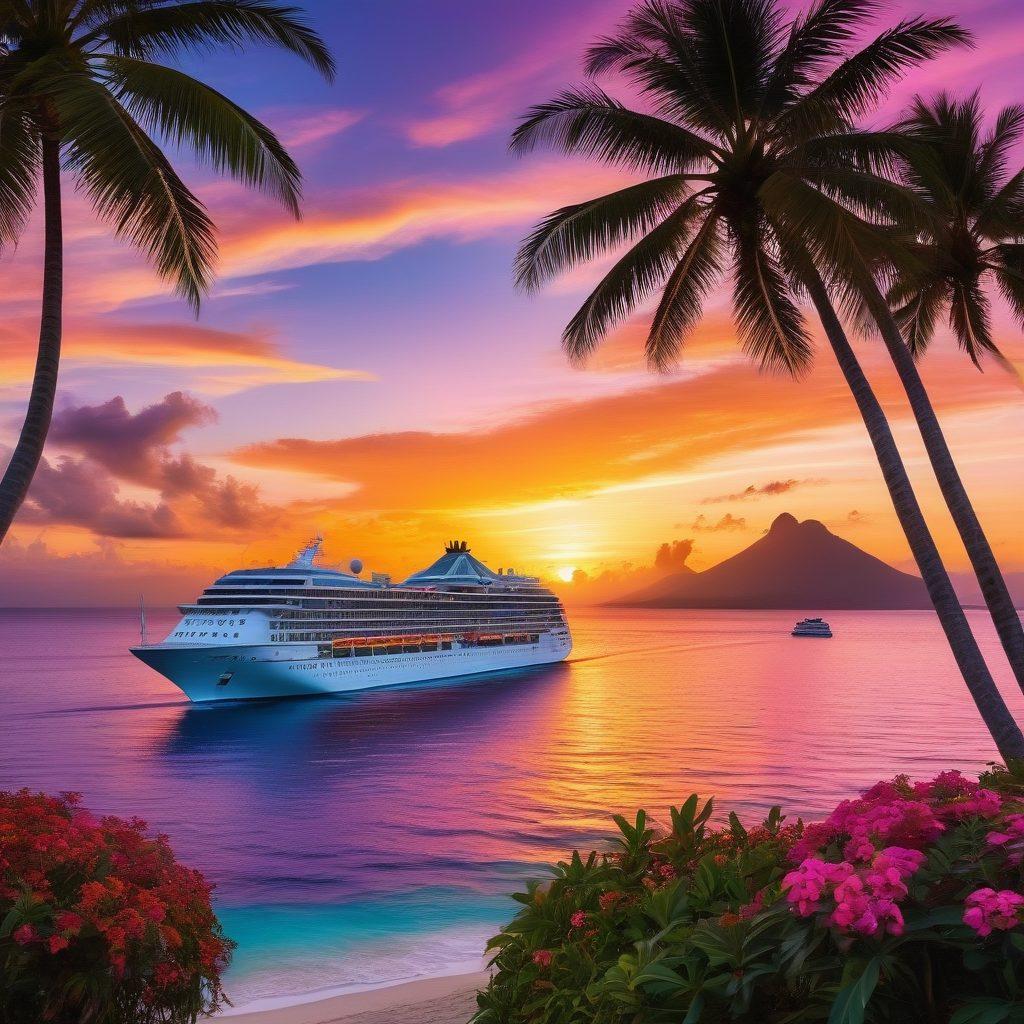 An awe-inspiring sunset over a majestic cruise ship sailing through crystal-clear turquoise waters, surrounded by tropical islands. The ship is adorned with colorful flags and silhouetted travelers enjoying the view, while dolphins leap alongside. In the background, lush palm trees and vibrant flowers bloom on the shores. The sky is painted with hues of orange, pink, and purple, enhancing the sense of adventure. super-realistic. vibrant colors. serene atmosphere.