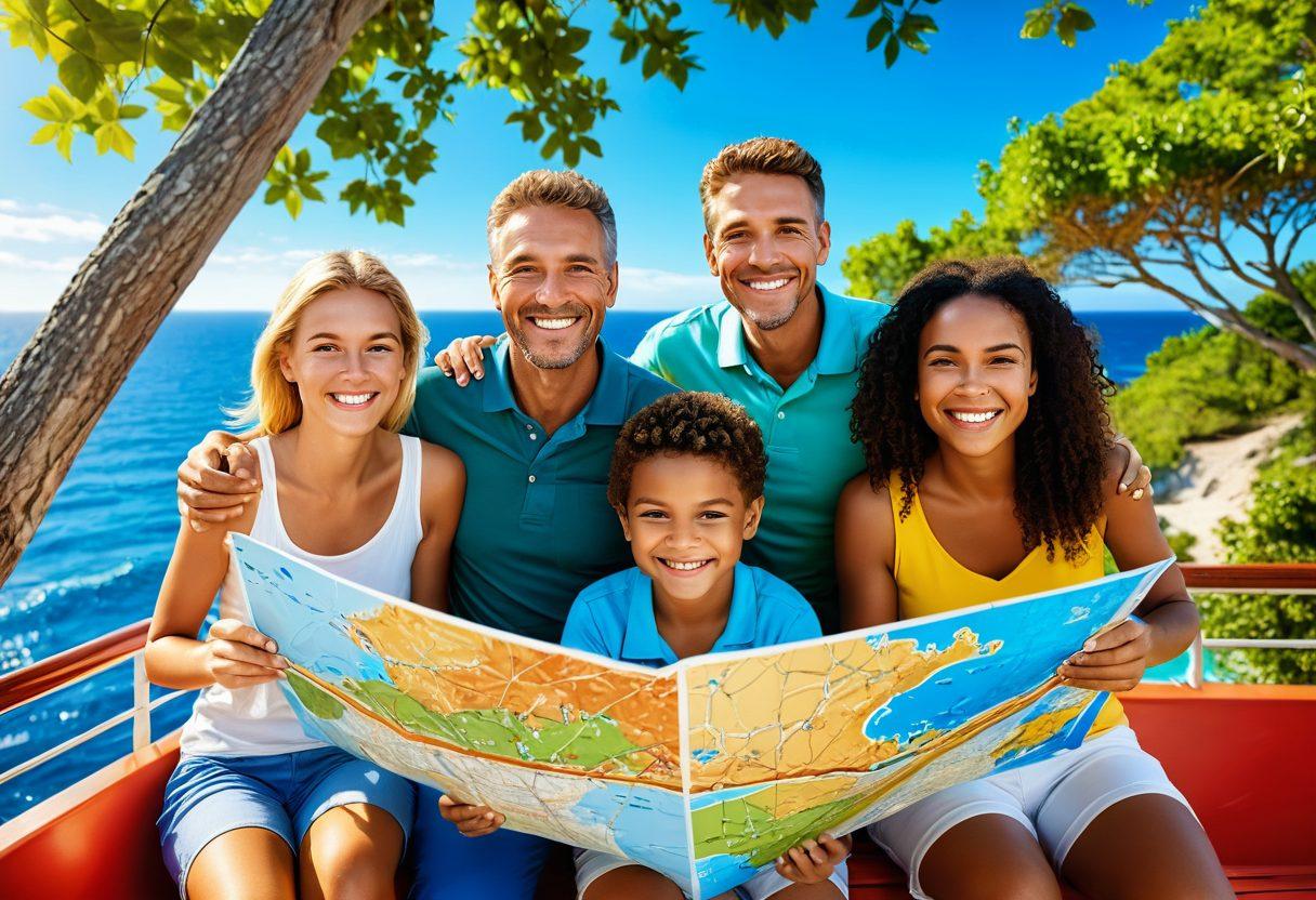 A joyful family enjoying a cruise on a colorful ship with bright blue ocean waves, contrasting with a serene national park scene in the background featuring lush greenery and hiking trails. Add elements like a budget planner and a map in their hands, showcasing a blend of relaxation and adventure. Sunlight filtering through trees, creating a warm and inviting atmosphere. cartoon style. vibrant colors. 3D.